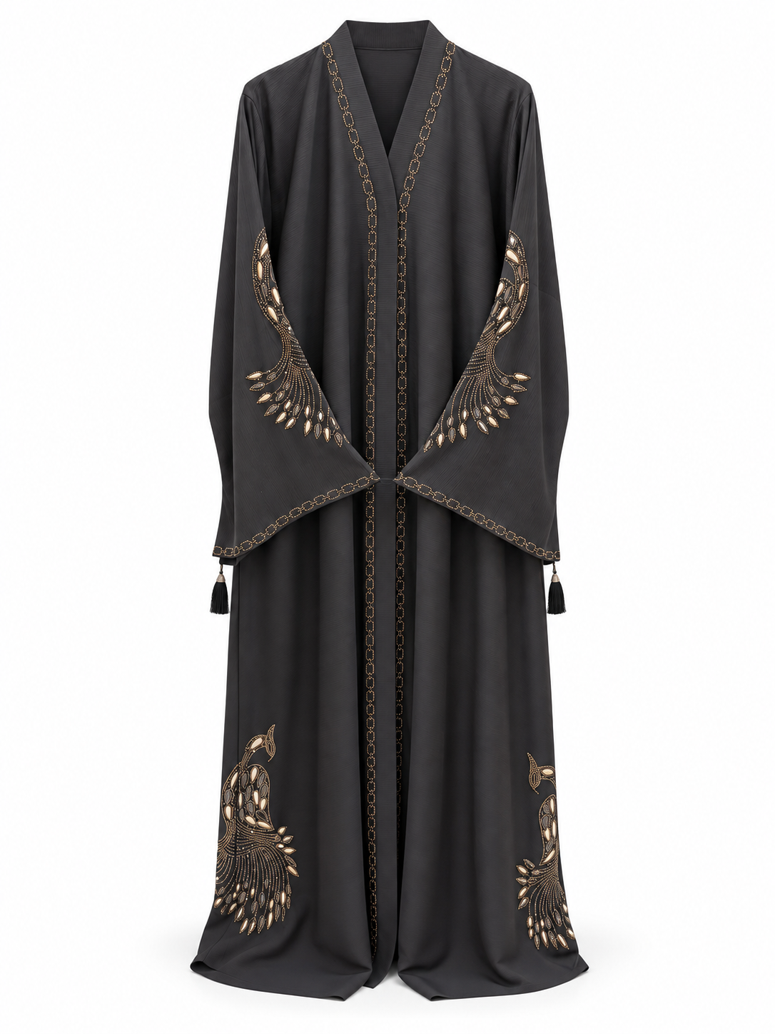 Charcoal Feather Motif Abaya - edited white background studio view