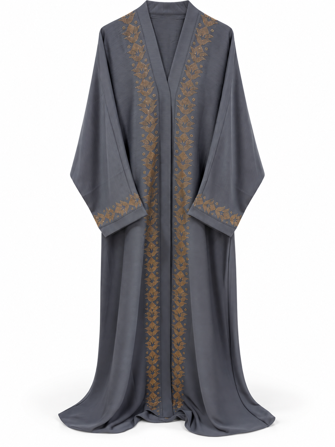 Grey Gold Floral Border Abaya - edited white background studio view