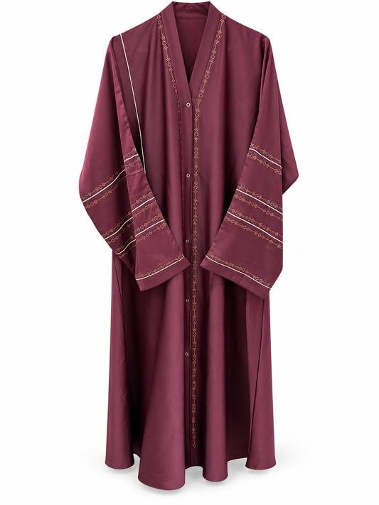 Maroon Striped Cuff Abaya - edited white background studio view