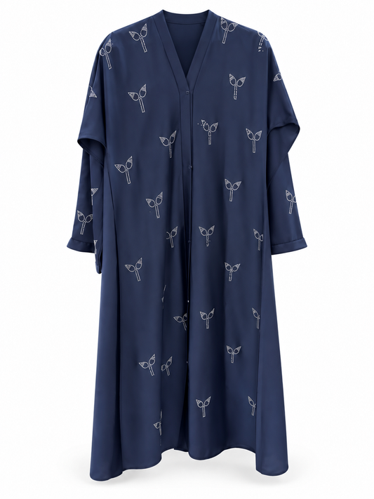 Navy Silver Sprig Abaya - edited white background studio view