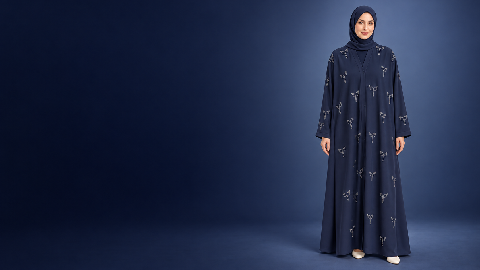 AWANZYE navy abaya collection, styled on a model