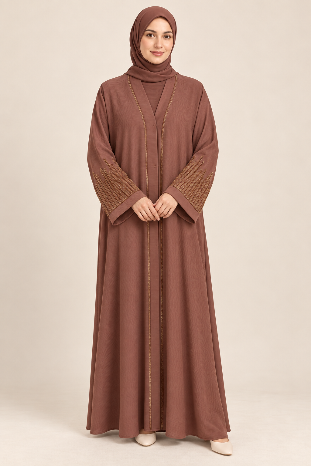 Brown Embellished Cuff Abaya - AI styled model