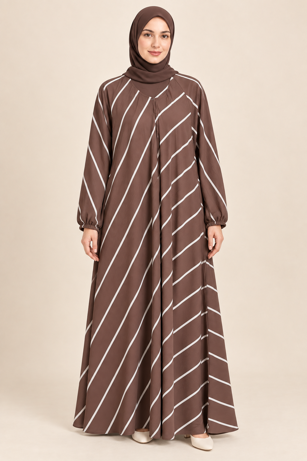 Brown Diagonal Stripe Abaya - AI styled model