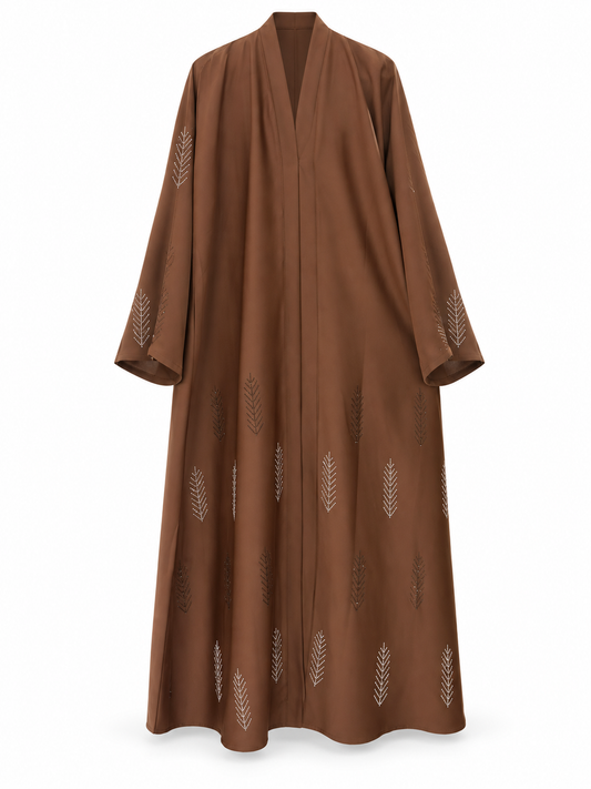 Brown Leaf Sprig Abaya - edited white background studio view