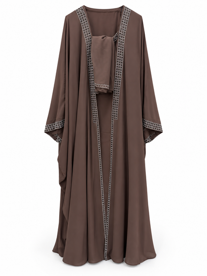 Brown Silver Border Abaya - edited white background studio view