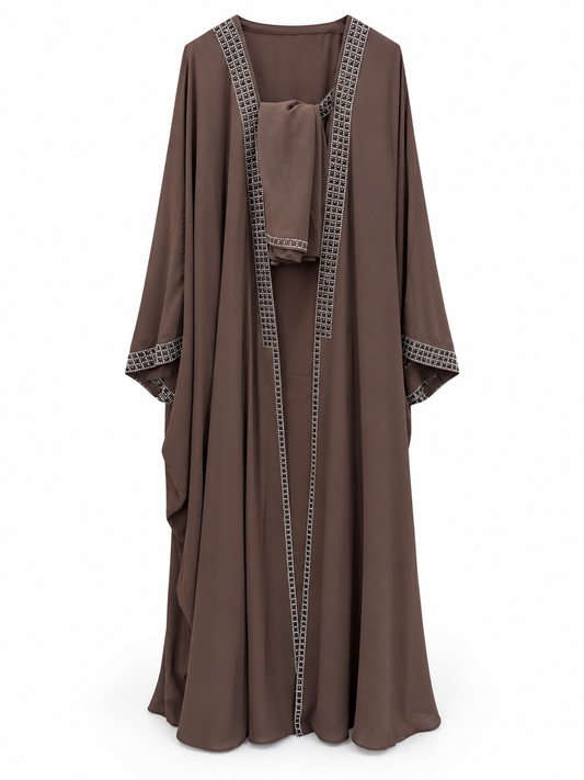 Brown Silver Border Abaya - edited white background studio view