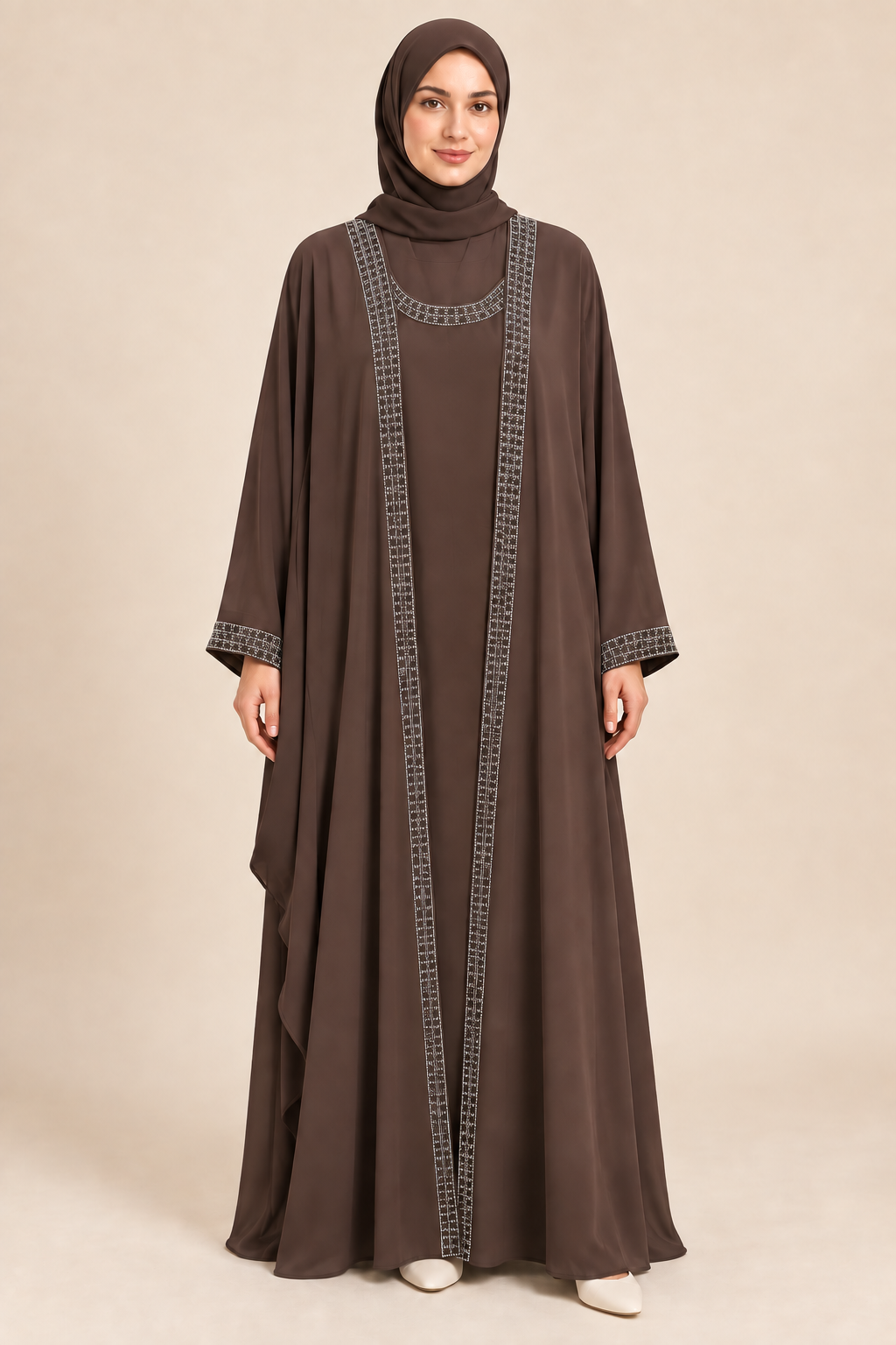 Brown Silver Border Abaya - AI styled model