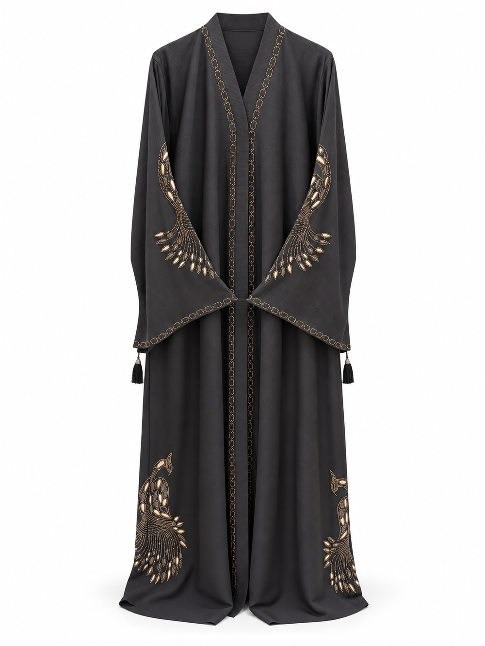 Charcoal Feather Motif Abaya | عباية فحمية بزخارف الريش