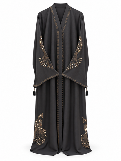 Charcoal Feather Motif Abaya - edited white background studio view