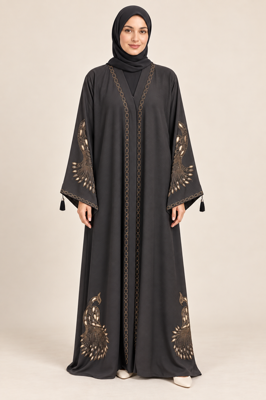 Charcoal Feather Motif Abaya - AI styled model