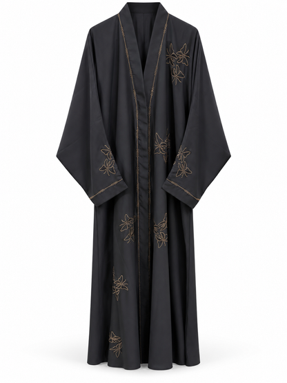 Charcoal Floral Outline Abaya - edited white background studio view