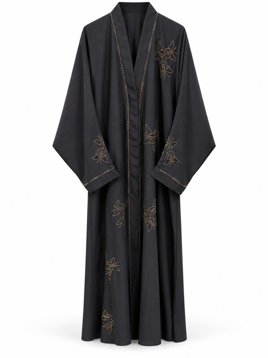 Charcoal Floral Outline Abaya - edited white background studio view