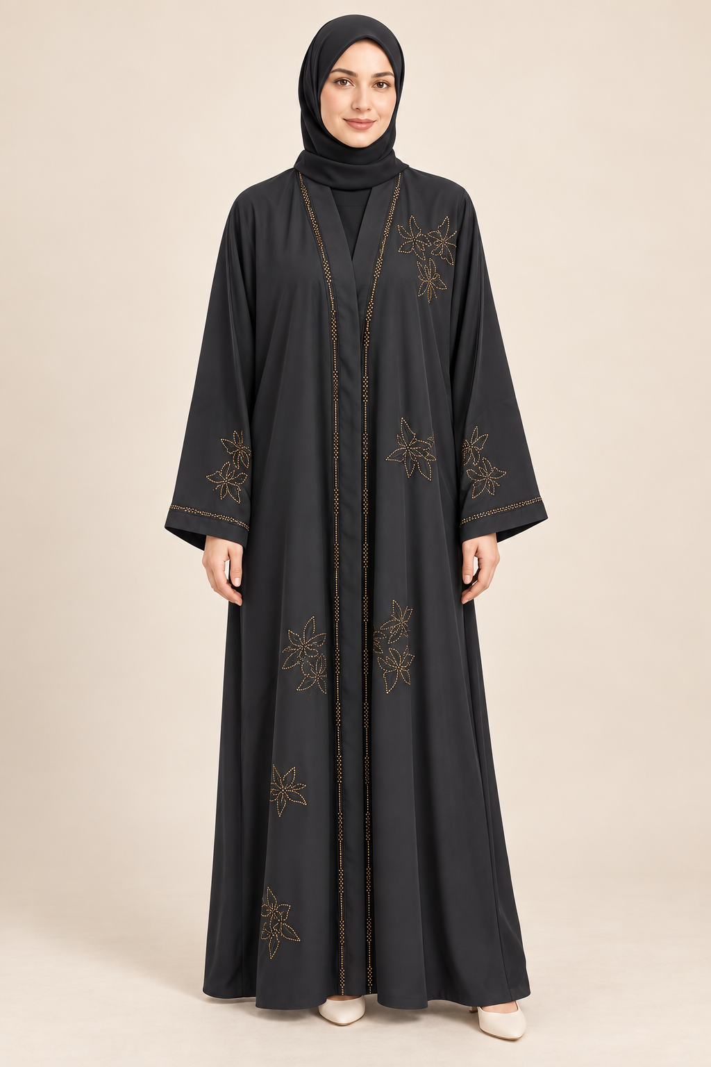 Charcoal Floral Outline Abaya - AI styled model
