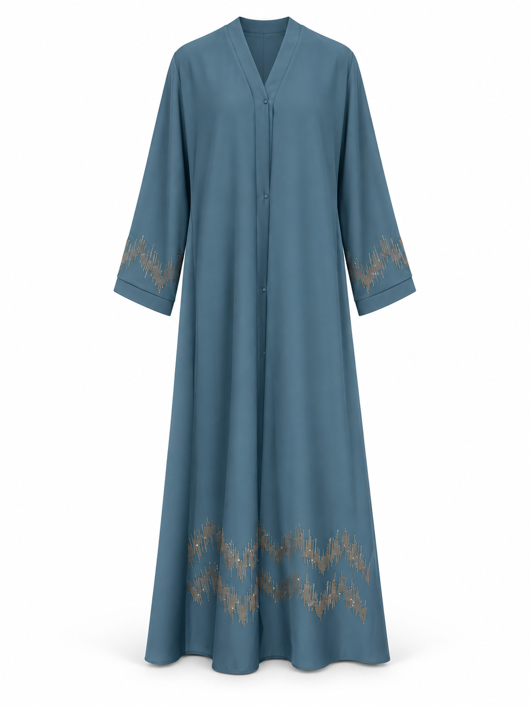 Dusty Blue Zigzag Hem Abaya - edited white background studio view