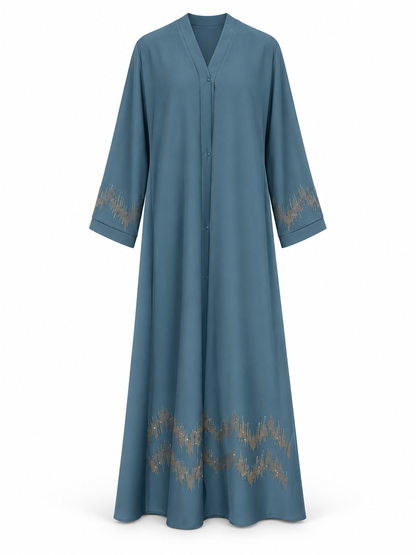 Dusty Blue Zigzag Hem Abaya - edited white background studio view