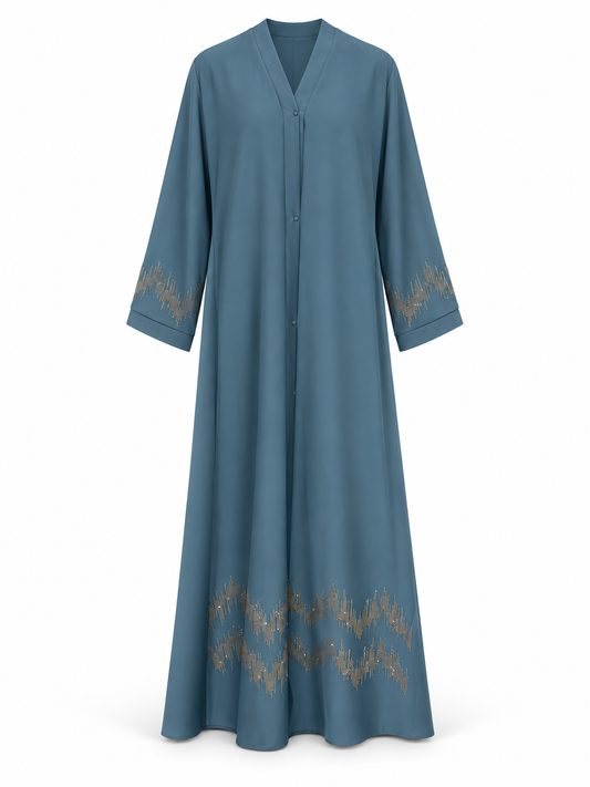 Dusty Blue Zigzag Hem Abaya - edited white background studio view
