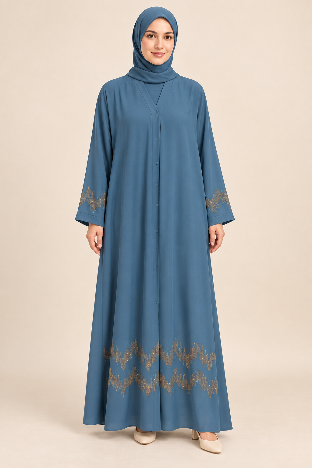 Dusty Blue Zigzag Hem Abaya - AI styled model