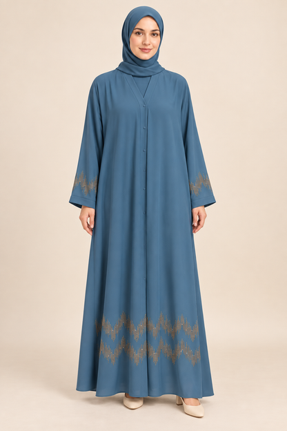 Dusty Blue Zigzag Hem Abaya - AI styled model