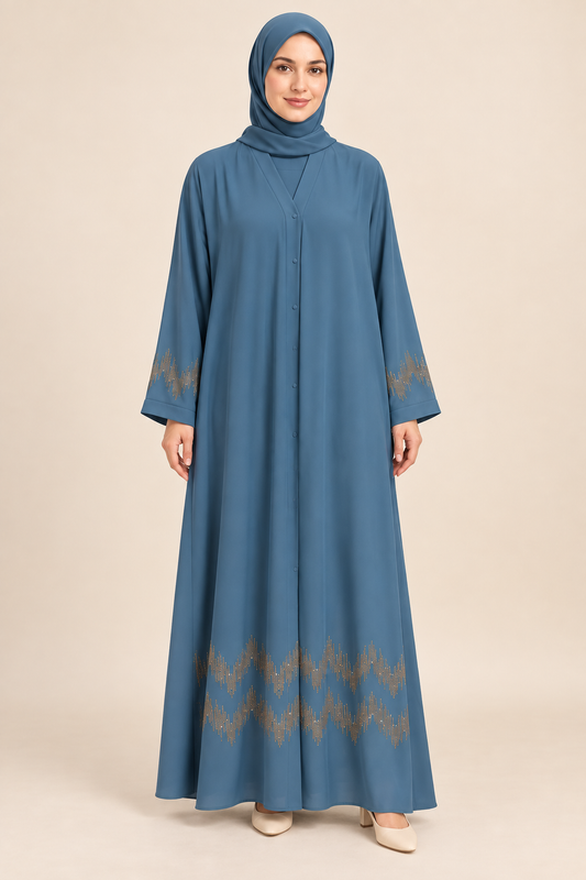 Dusty Blue Zigzag Hem Abaya - AI styled model