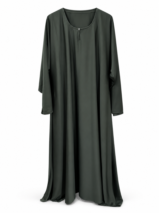 Green Plain Round Neck Abaya - edited white background studio view