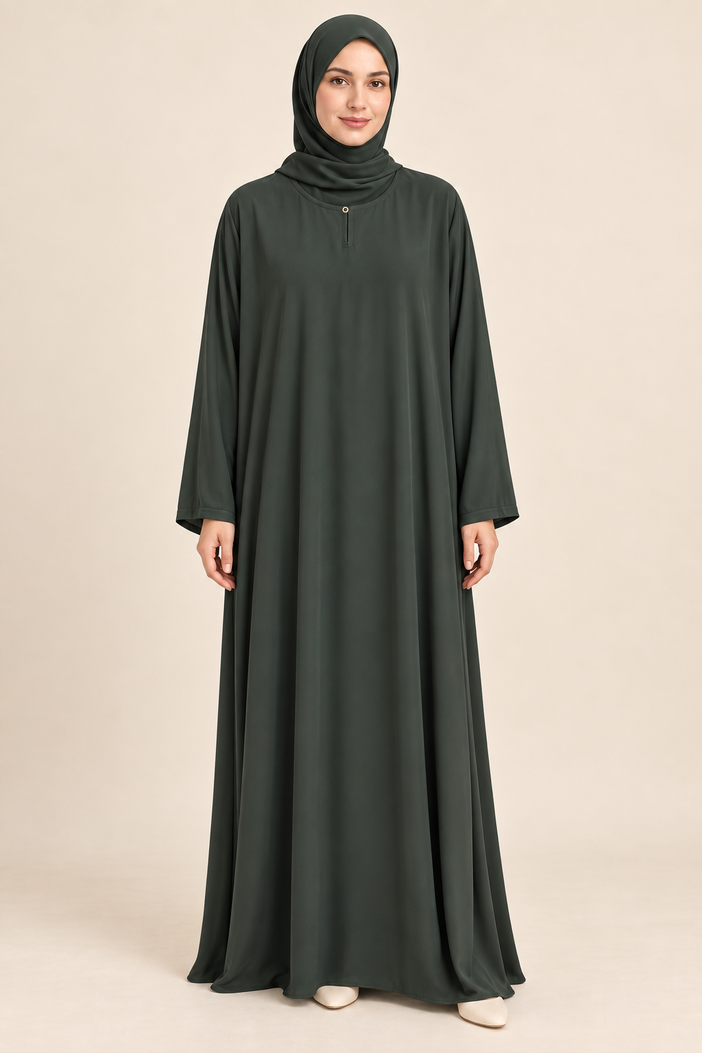 Green Plain Round Neck Abaya - AI styled model
