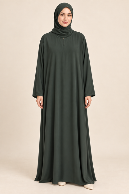 Green Plain Round Neck Abaya - AI styled model