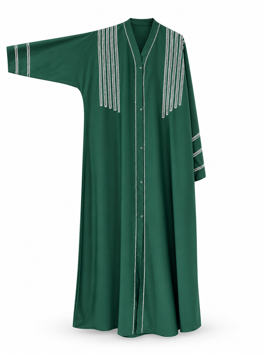 Green White Line Detail Abaya - edited white background studio view