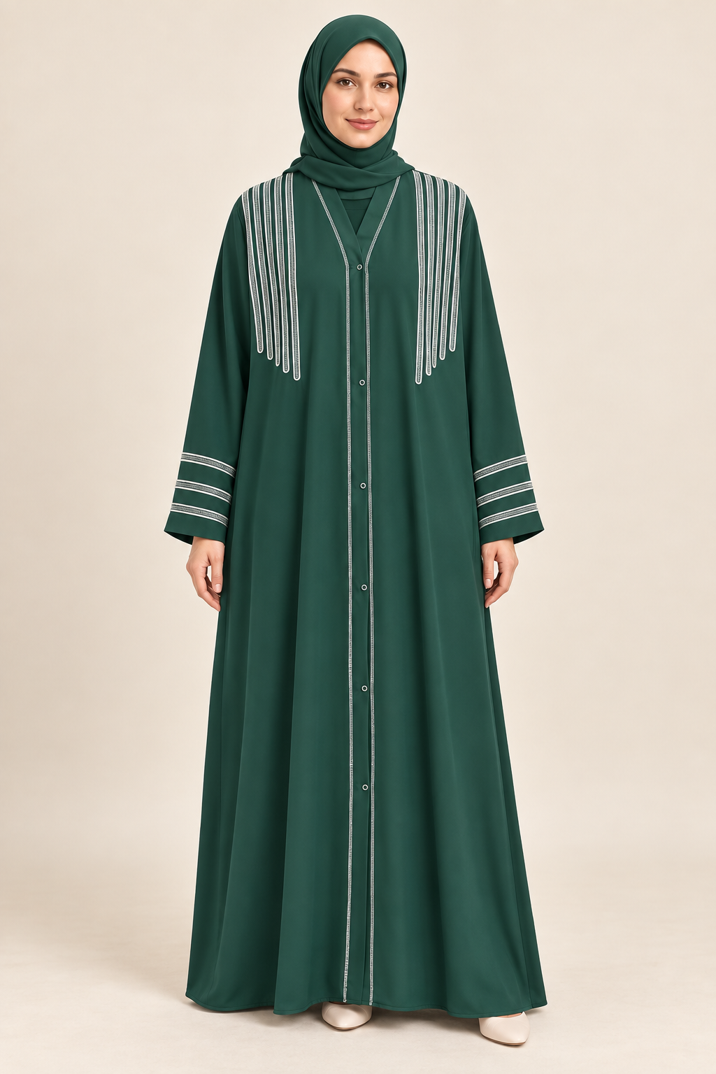Green White Line Detail Abaya - AI styled model