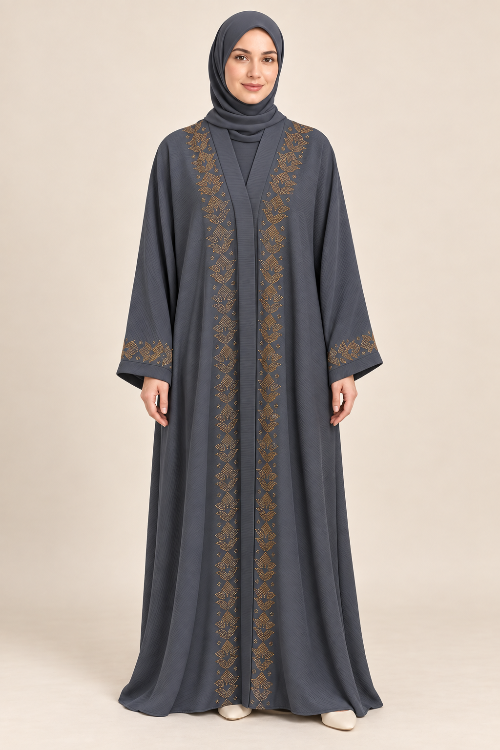 Grey Gold Floral Border Abaya - AI styled model