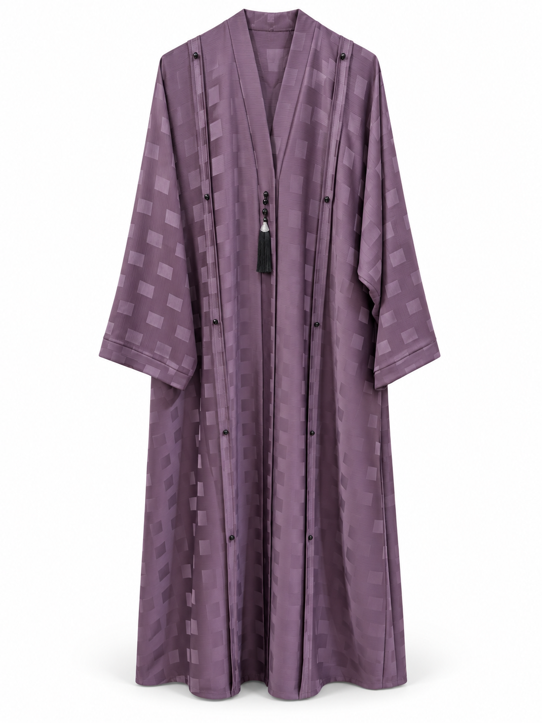 Lavender Striped Tassel Abaya - edited white background studio view