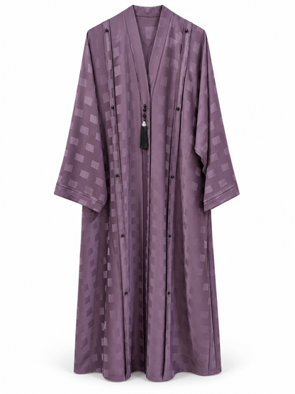 Lavender Striped Tassel Abaya - edited white background studio view