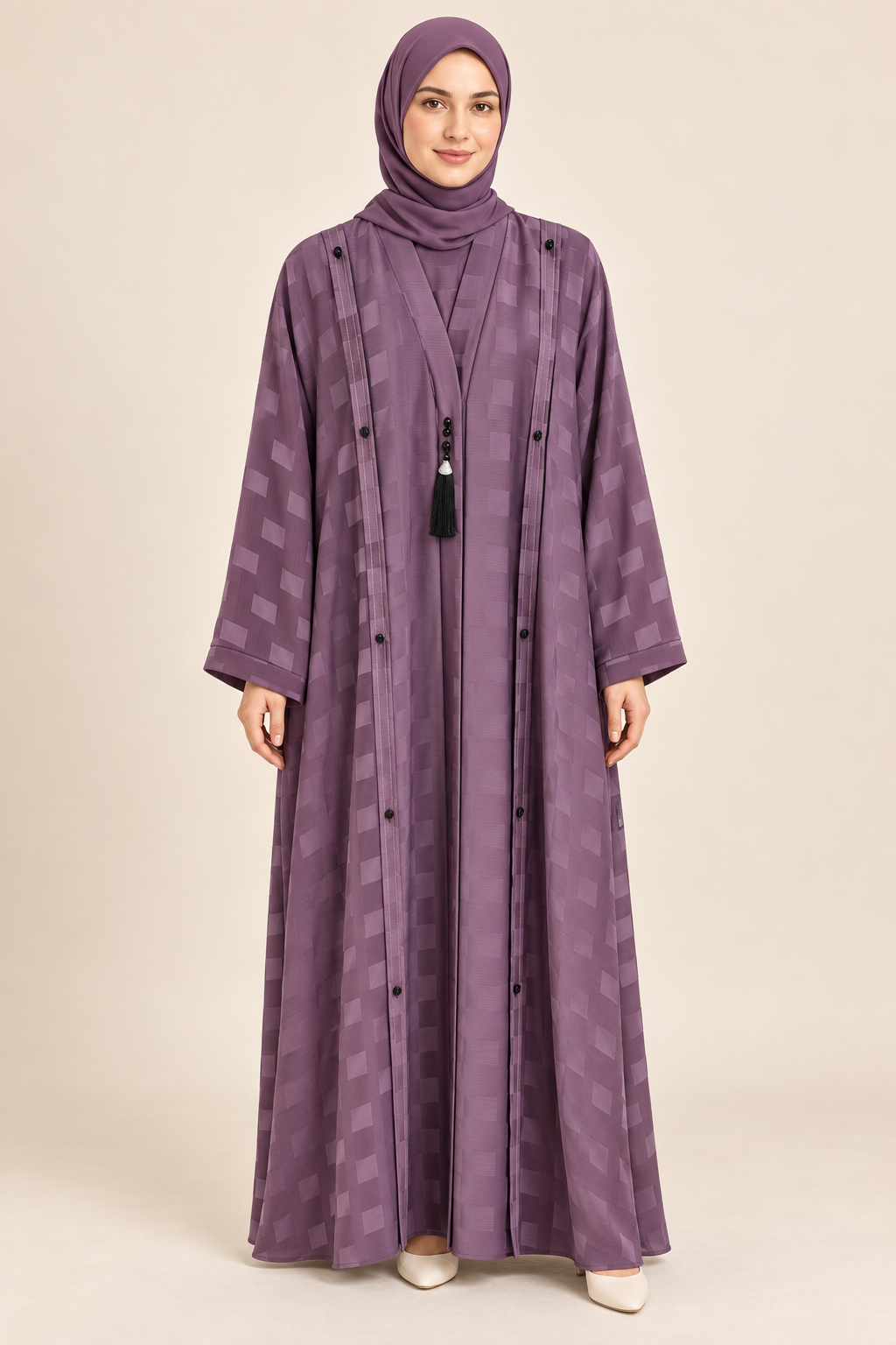 Lavender Striped Tassel Abaya - AI styled model
