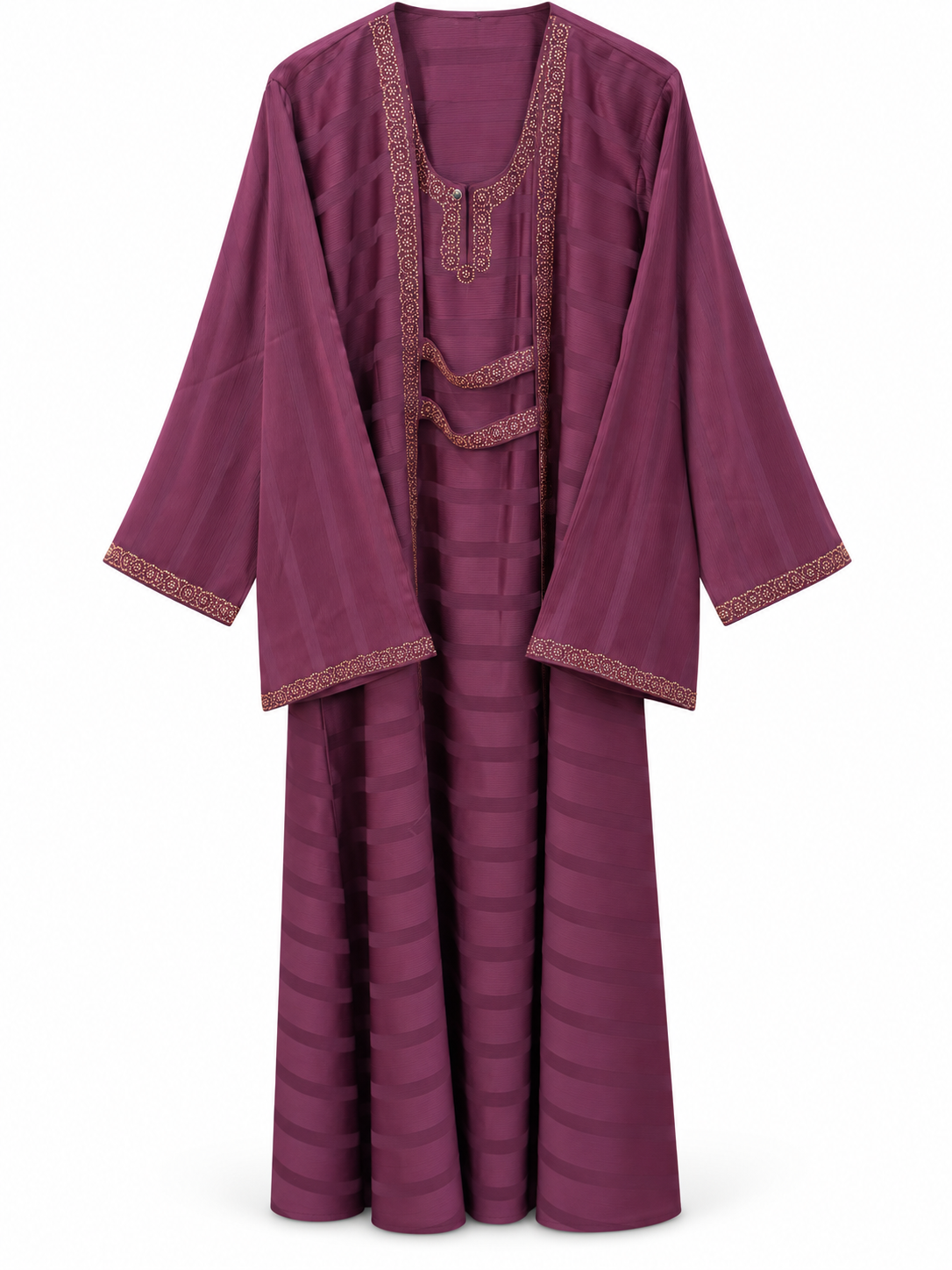 Magenta Circle Border Layered Abaya - edited white background studio view
