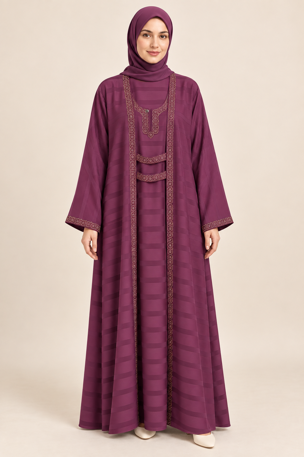 Magenta Circle Border Layered Abaya - AI styled model