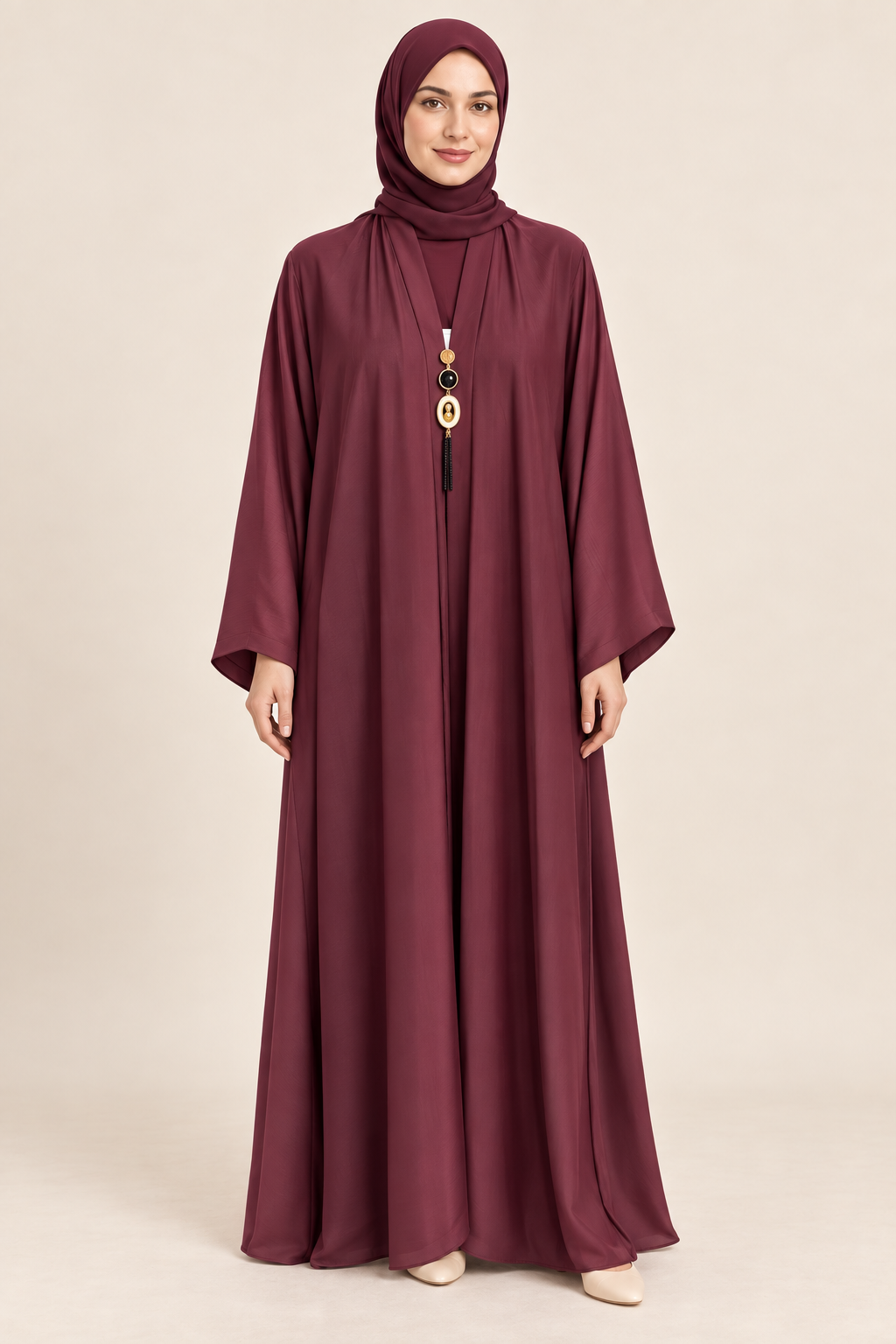 Maroon Pendant Detail Abaya - AI styled model