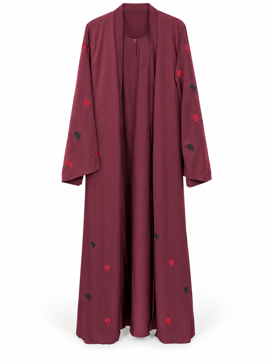 Maroon Rose Embroidered Abaya - edited white background studio view
