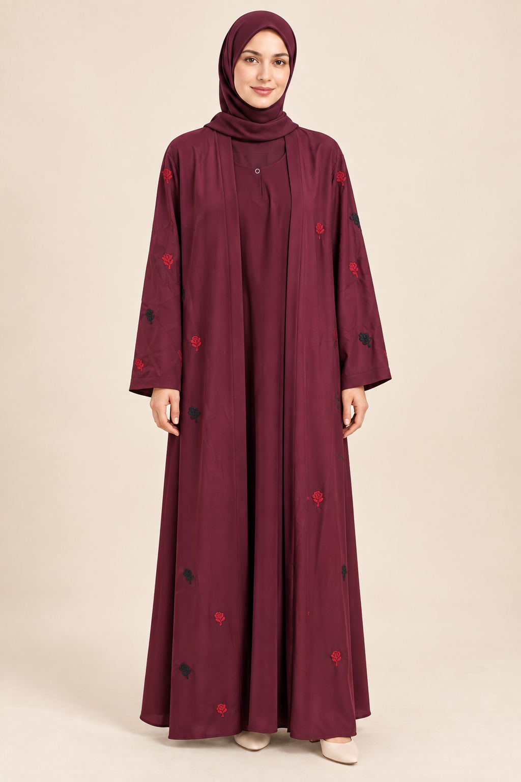 Maroon Rose Embroidered Abaya - AI styled model
