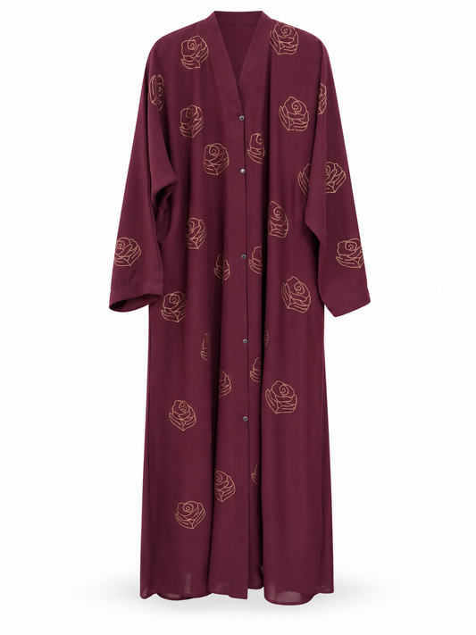 Maroon Rose Stone Abaya - edited white background studio view