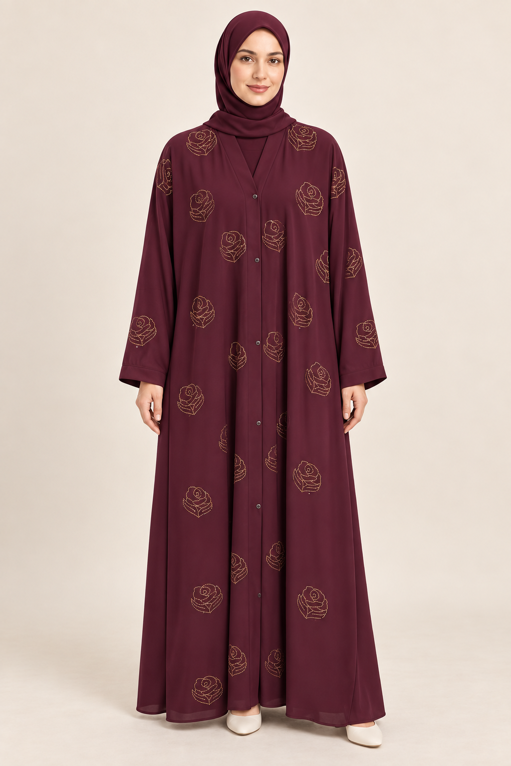 Maroon Rose Stone Abaya - AI styled model