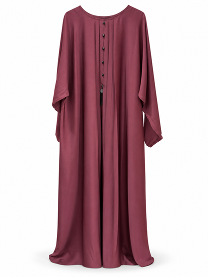 Maroon Round Neck Tassel Abaya - edited white background studio view