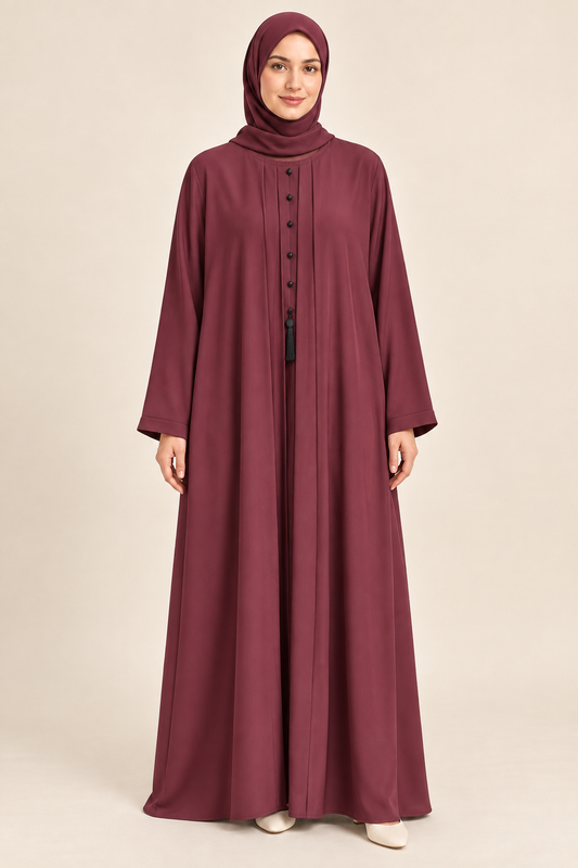 Maroon Round Neck Tassel Abaya - AI styled model