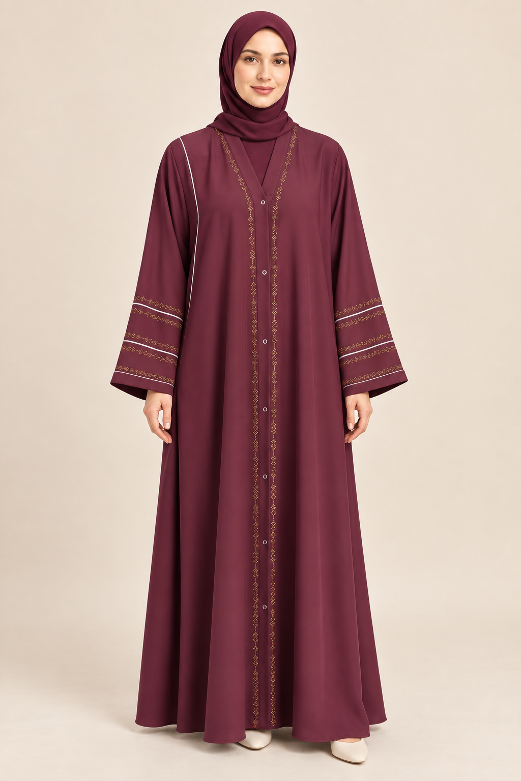 Maroon Striped Cuff Abaya - AI styled model