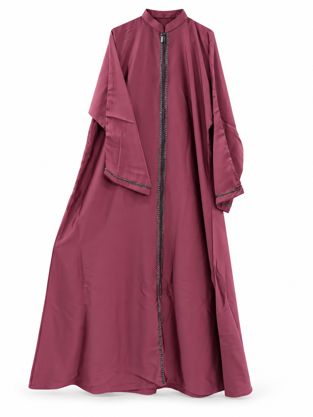 Maroon Zip Front Abaya - edited white background studio view