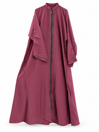 Maroon Zip Front Abaya - edited white background studio view