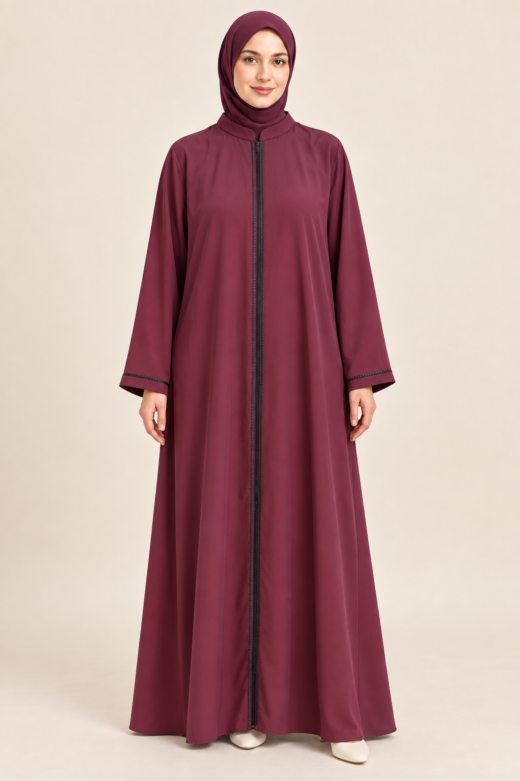 Maroon Zip Front Abaya - AI styled model