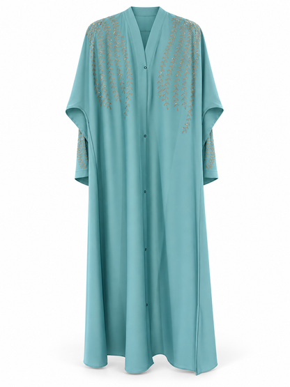 Mint Leaf Detail Abaya - edited white background studio view