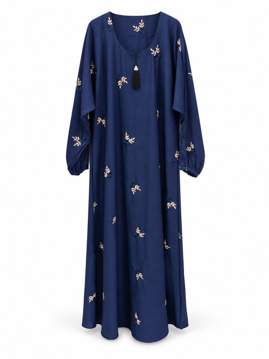 Navy Floral Embroidered Abaya - edited white background studio view
