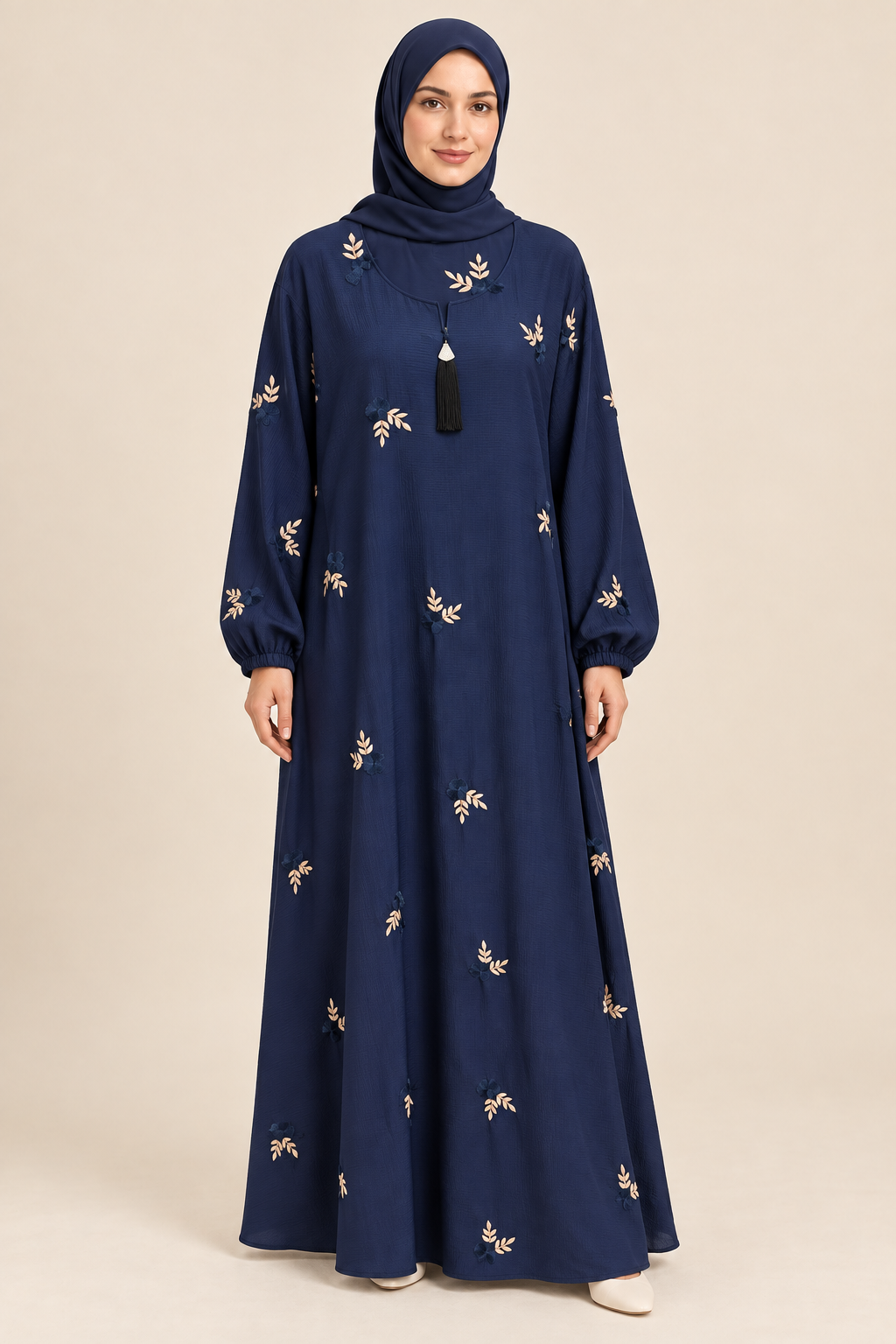 Navy Floral Embroidered Abaya - AI styled model