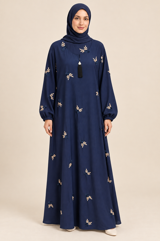 Navy Floral Embroidered Abaya - AI styled model