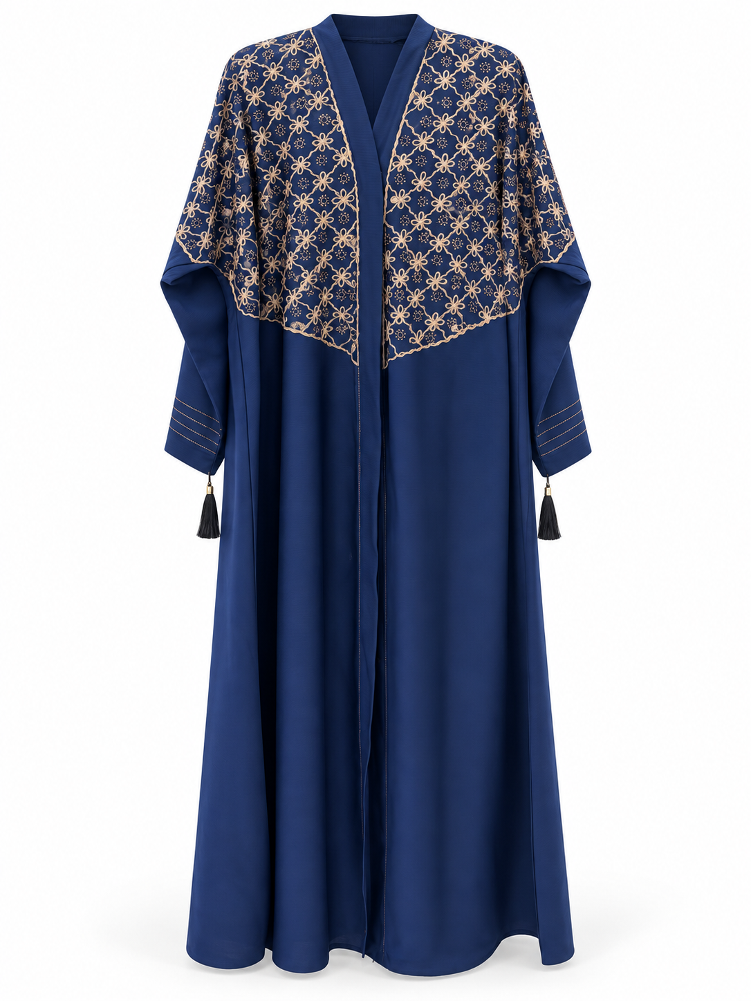 Navy Floral Lattice Abaya - edited white background studio view